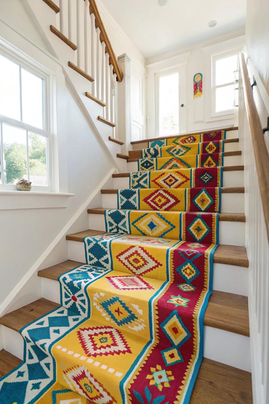 A staircase brightened with vibrant and bold mats.