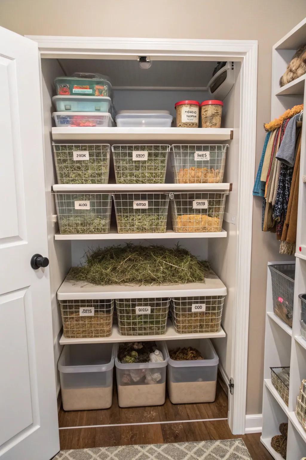 A closet turned into a rabbit supply station with custom shelving.