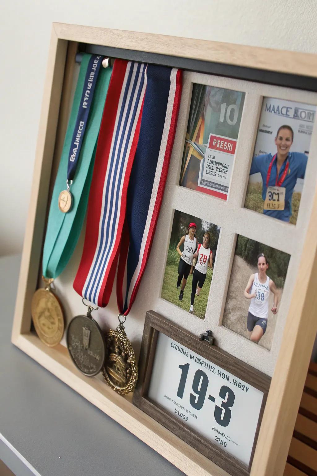 A homemade memory case capturing racing memories in a beautifully framed display.