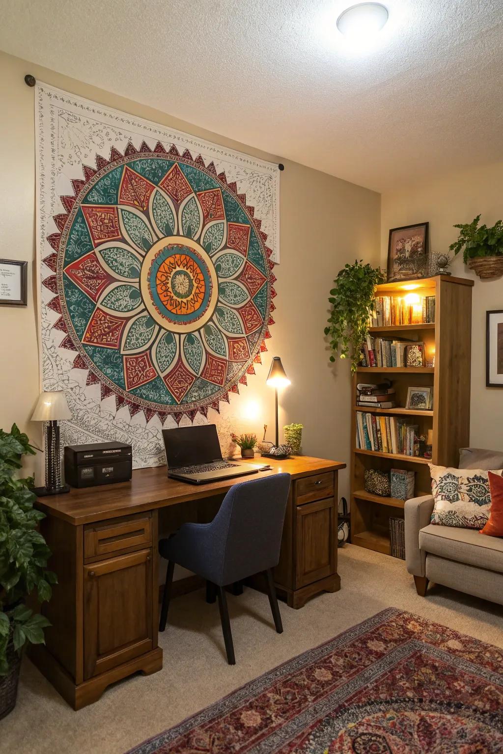 A comfortable home office showcasing a handmade radial wall decoration.