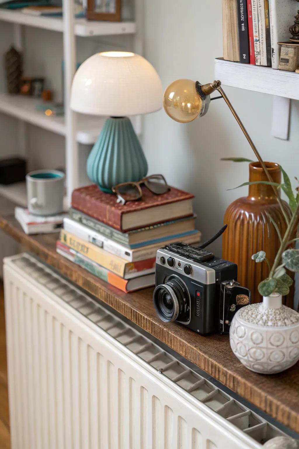 Blend and pair styles for an individualized, eclectic radiator shelf design.