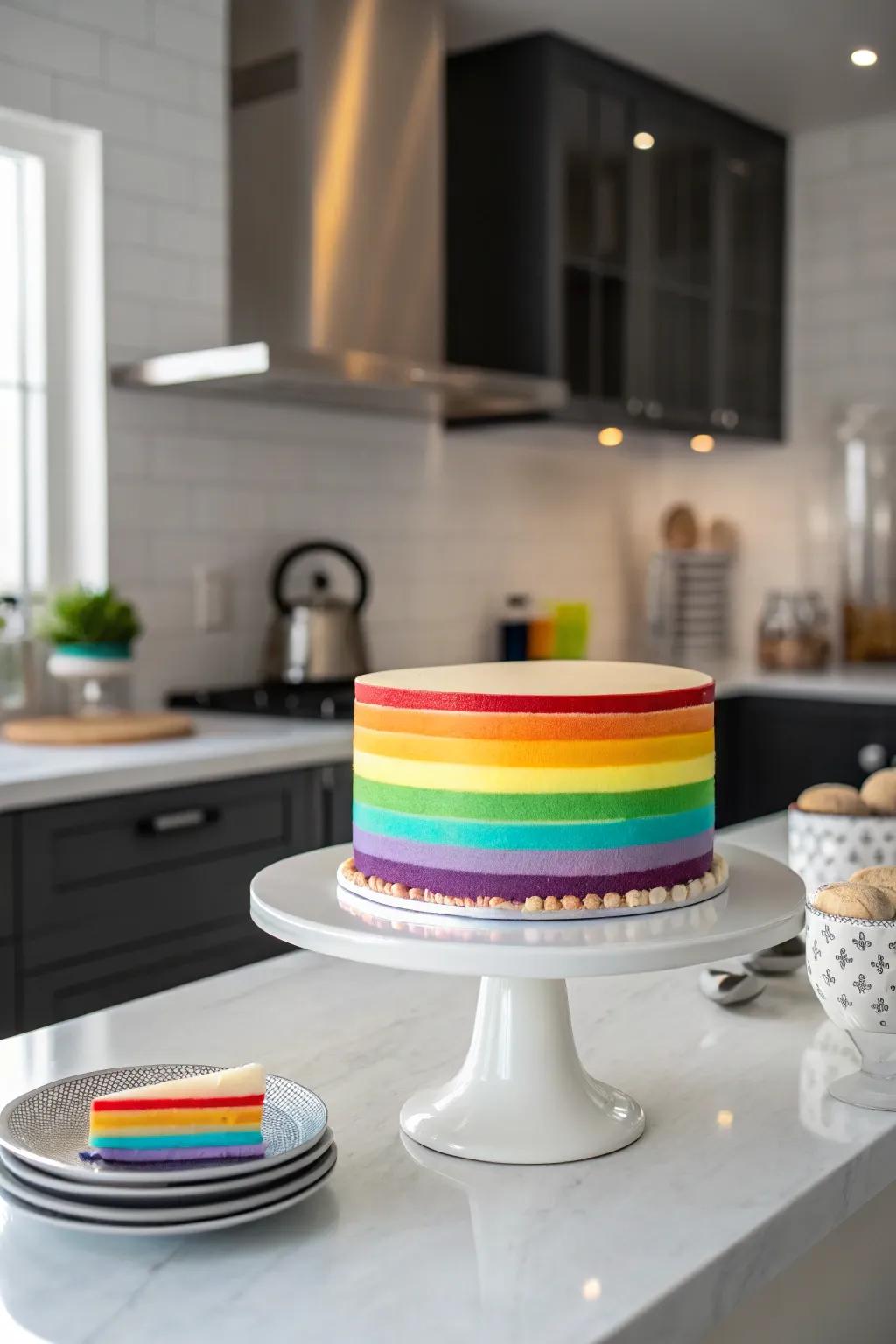 Refined rolled fondant ribbons contribute a stylish element to the color spectrum confection.