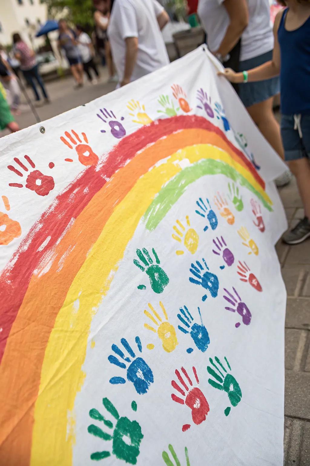 Small palm prints compose a personalized rainbow masterpiece.