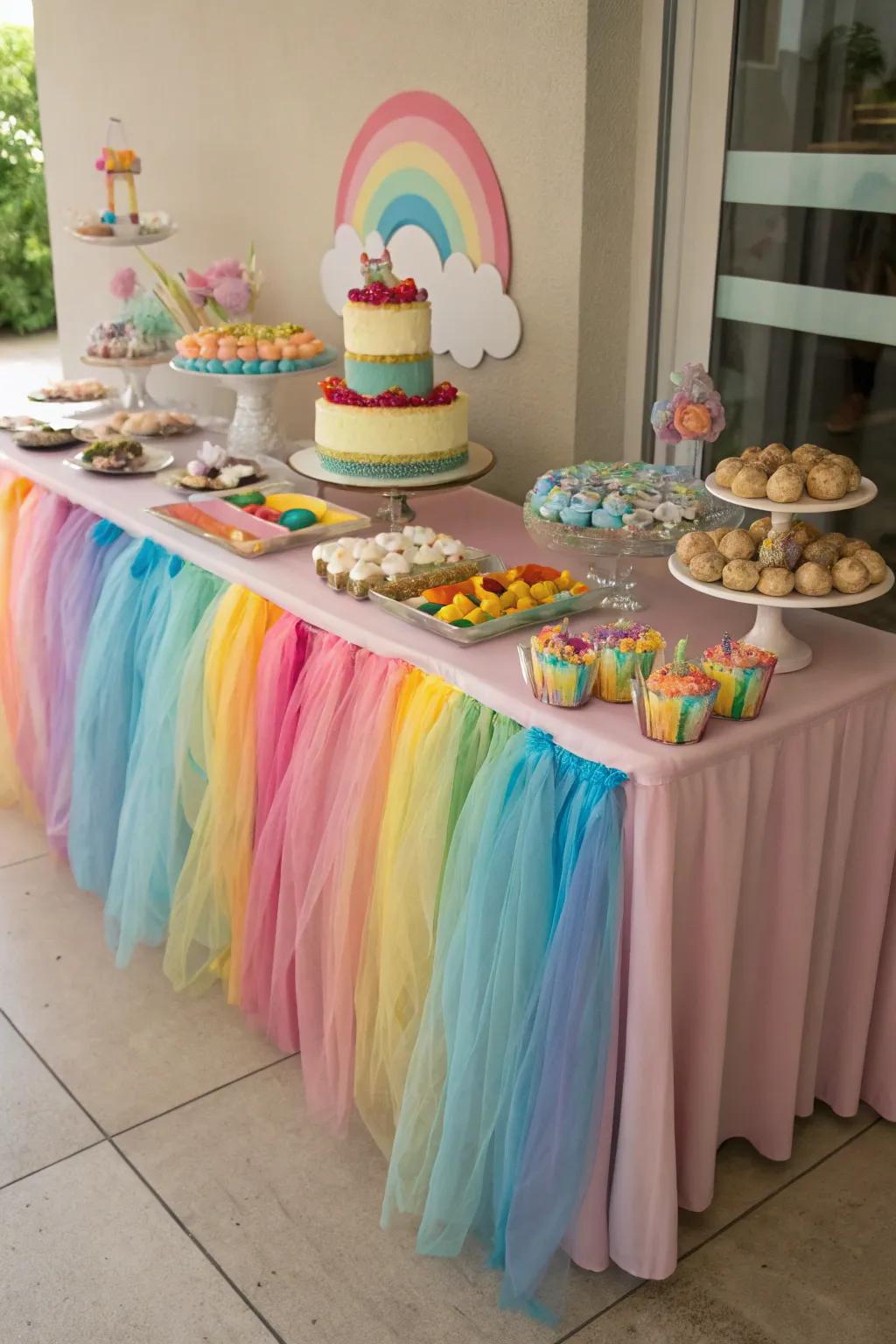 A dessert presentation embellished with a whimsical vibrant tulle adornment.