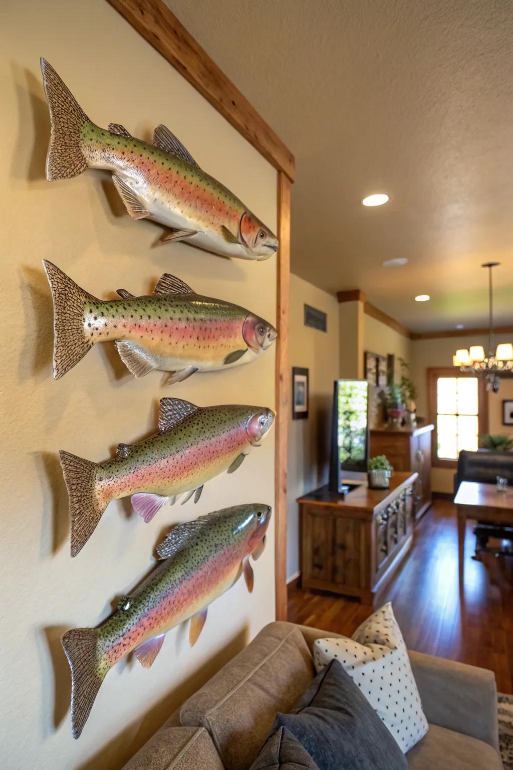 Multiple rainbow trout mounts create a dynamic and exuberant home decor feature.