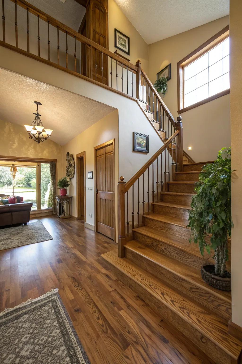 Using wood tones in flooring and staircases makes the entryway feel warm and inviting.