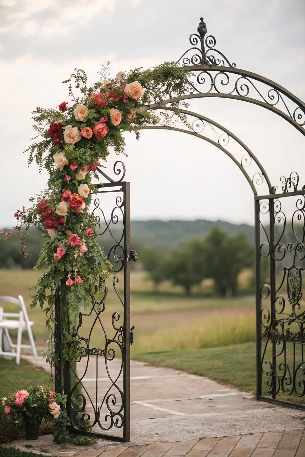 Wrought iron wonders with floral charm.