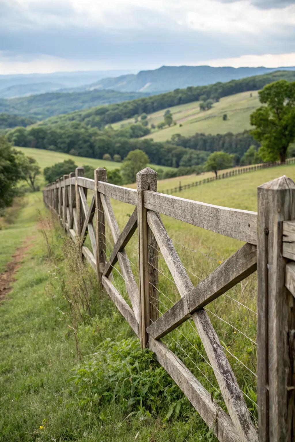 A decorative crossbuck fence brings out the beauty of the country.