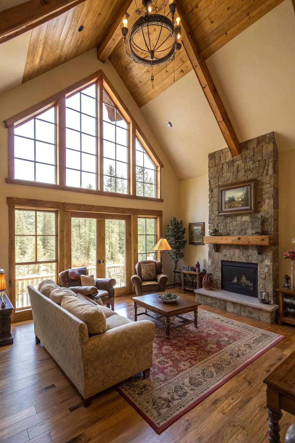 A raised ceiling transforms this ranch house living room into a spacious retreat.