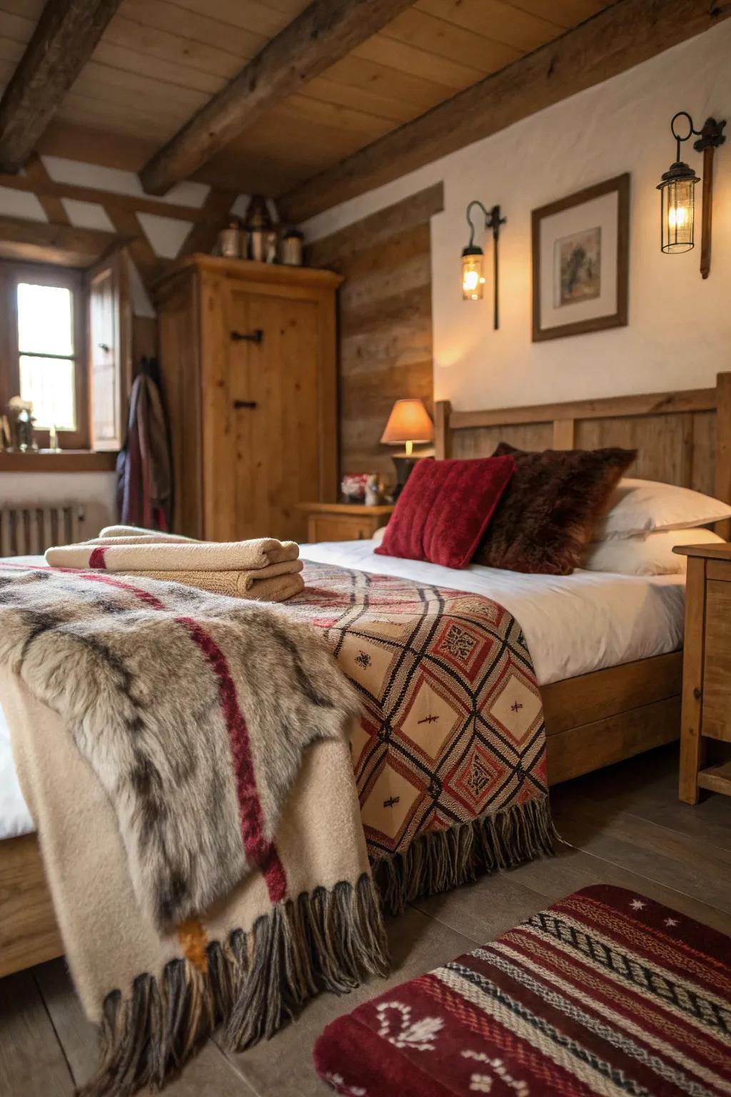 A rustic bedroom featuring woolen throws and plush faux fur for added warmth.