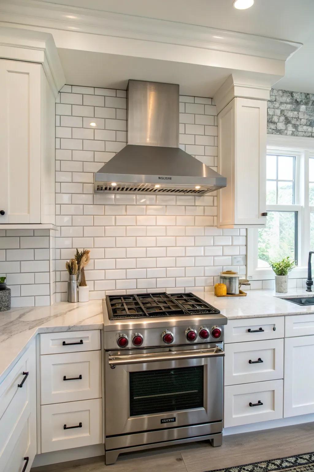 Kitchen showcasing a subway tile backsplash seamlessly integrated with a modern range hood.