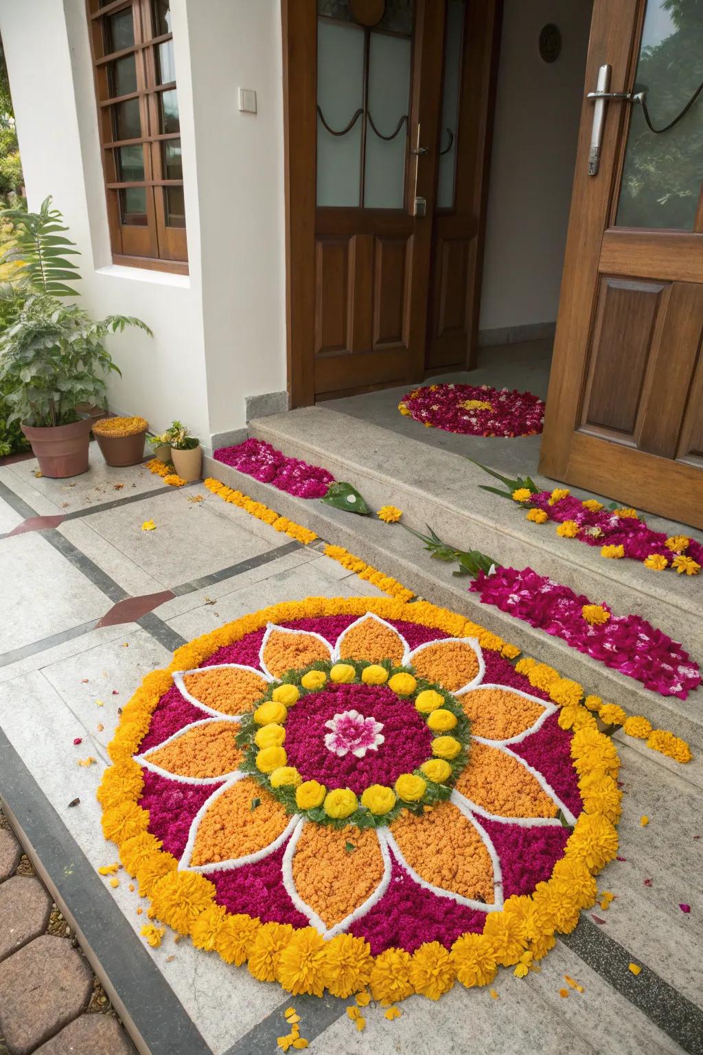 Floral petals fashion a gentle and fragrant rangoli, enhancing Diwali's joyous atmosphere.