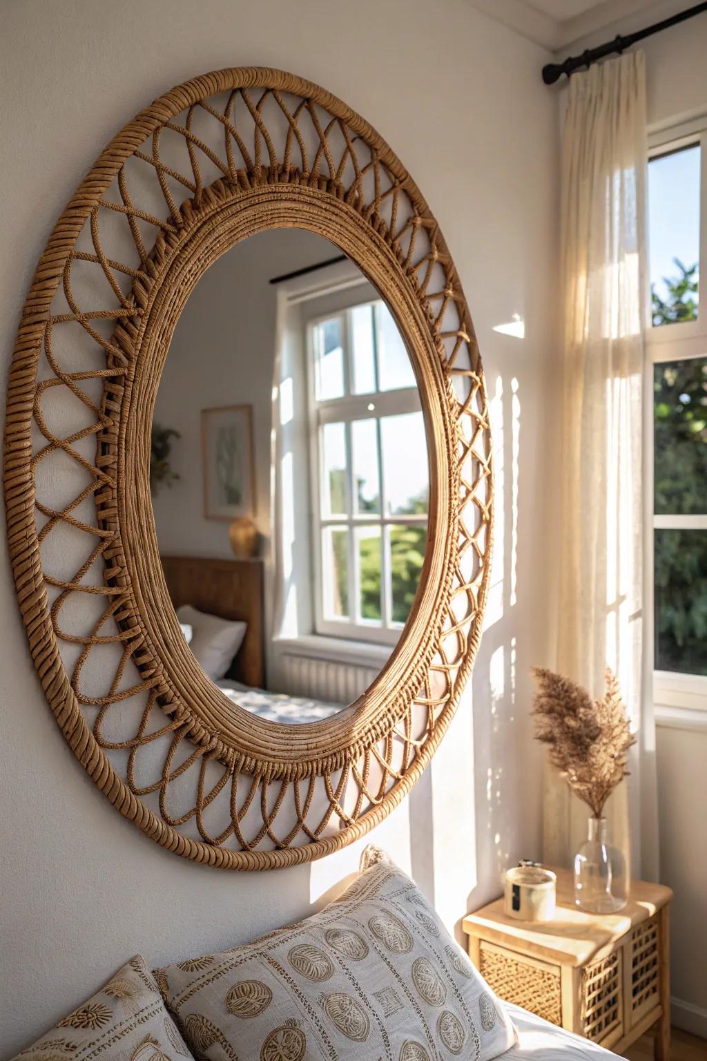 A rattan mirror includes both functionality and design to your bedroom.