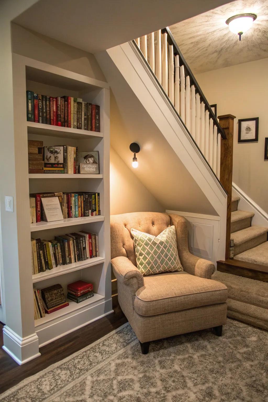 Unleash the potential of the area beneath your stairs and craft a secluded reading escape.