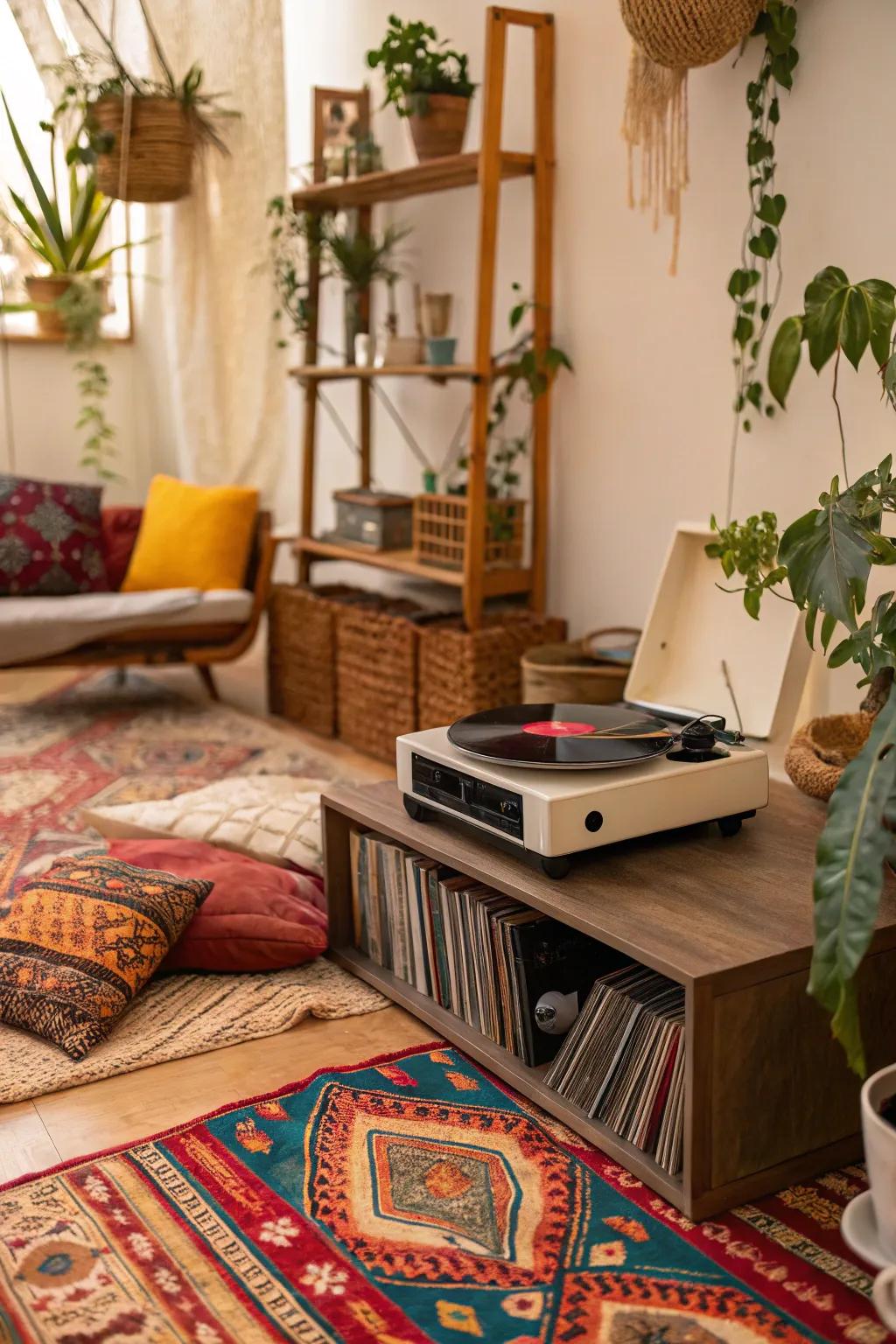 Free-spirited record player setup with bright cloths and plants.