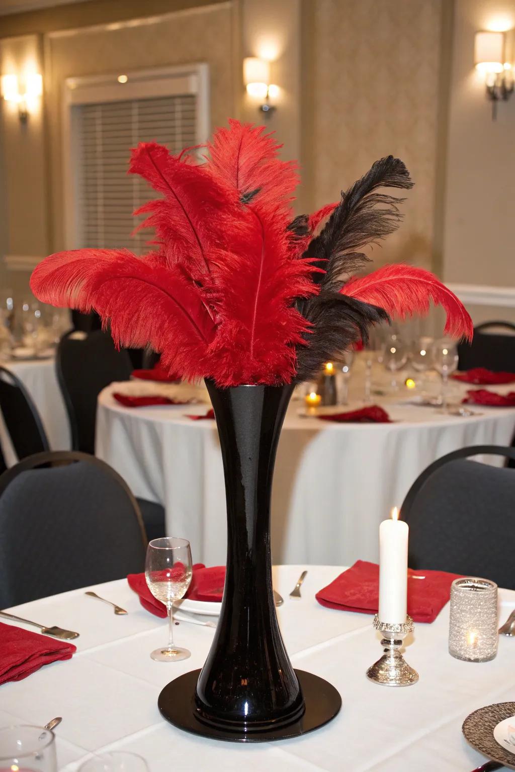 Scarlet plumes creatively organized in a charcoal container, giving off an impressive flair.