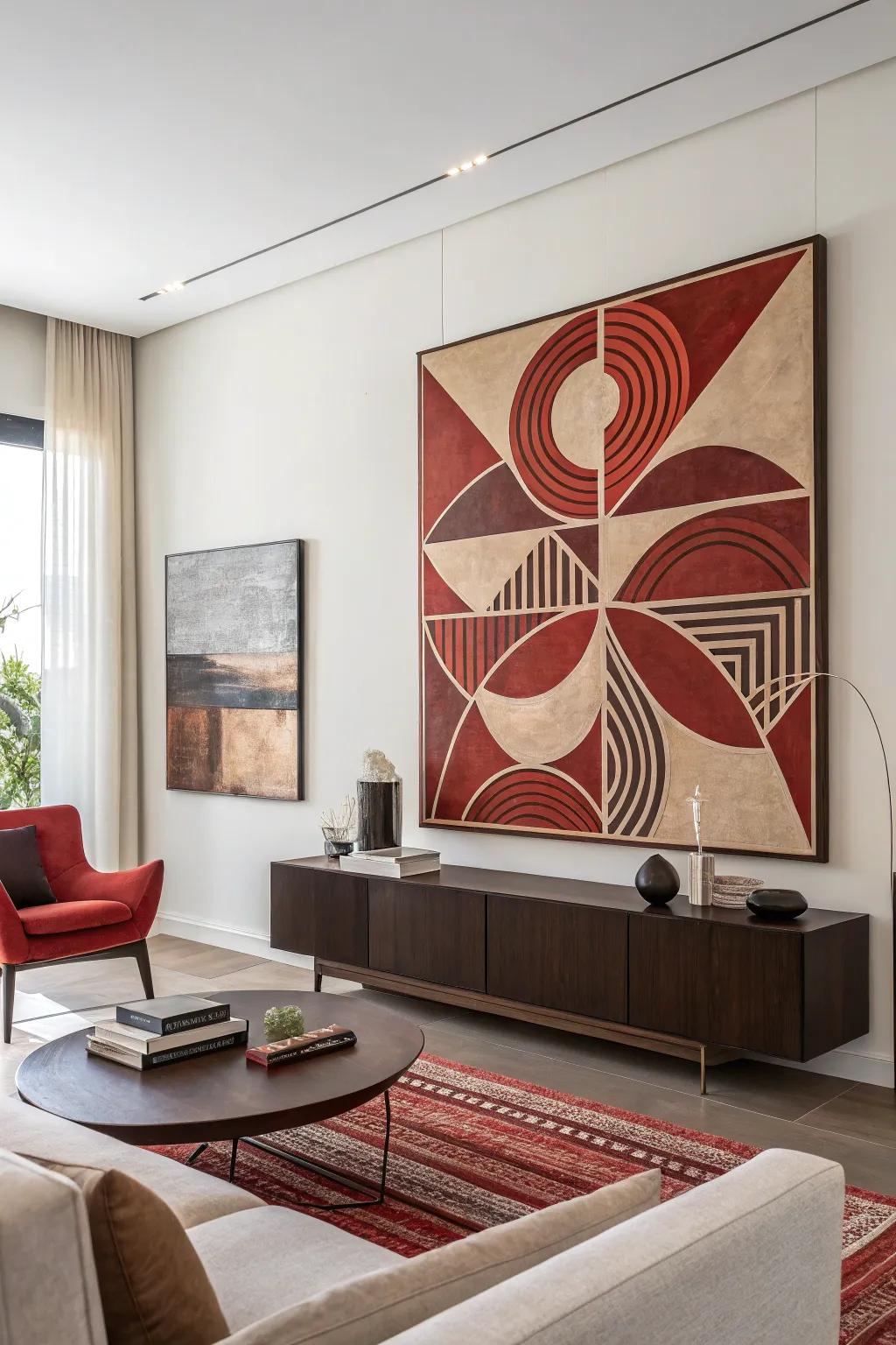 Art pieces with crimson tones contribute a cohesive touch to the room's decor.