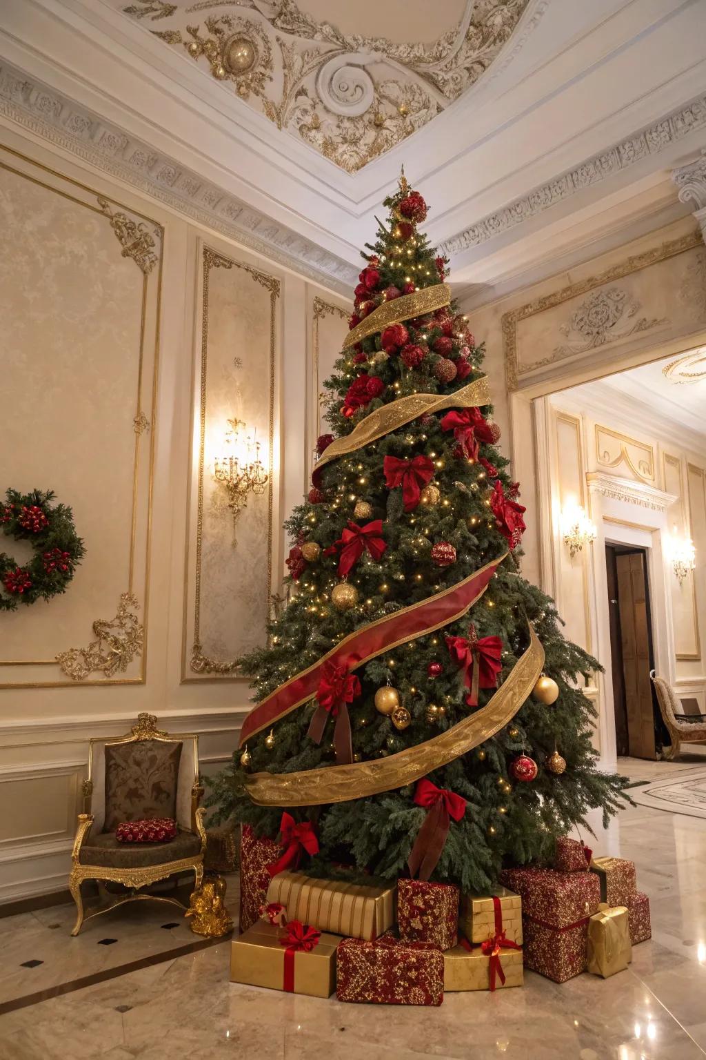 Extravagant scarlet and gold bands cascading along the Christmas tree.