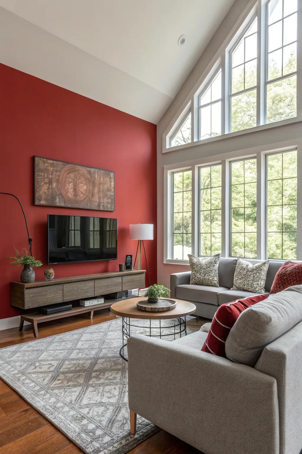 A striking scarlet feature wall that makes a declaration within an otherwise neutral area.