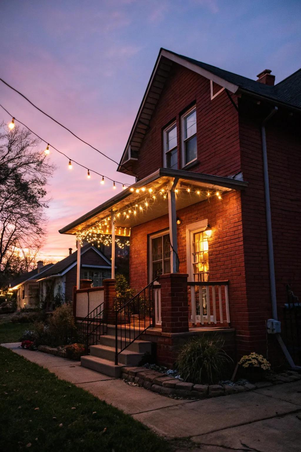 Twinkling strands of light create a magical ambiance on a red brick porch.