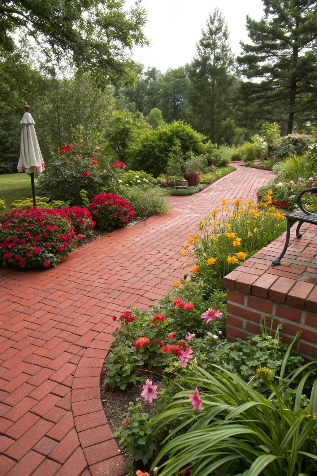 A red brick patio enriched by lively garden greenery