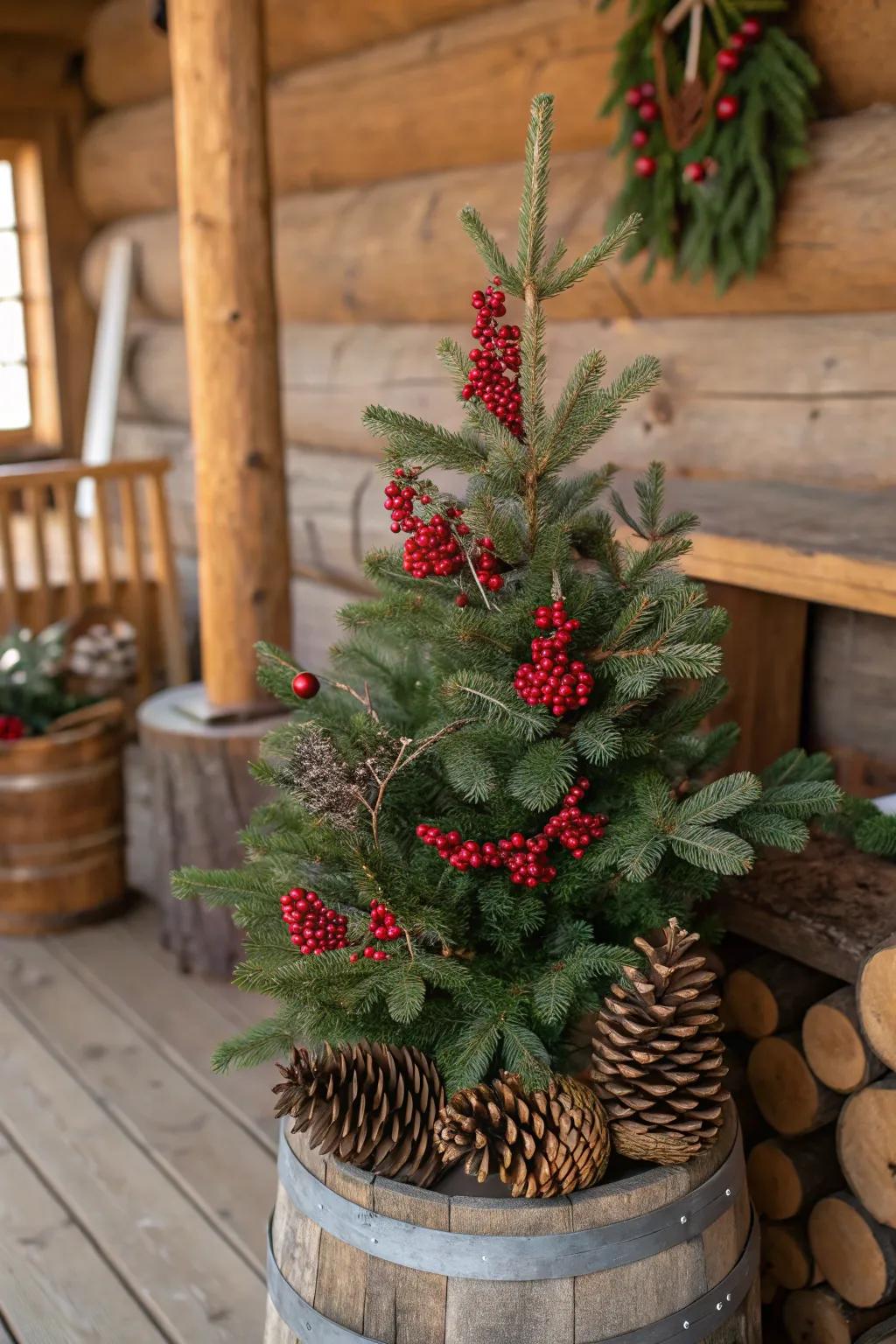 Country Christmas tree with scarlet berries and pine cones
