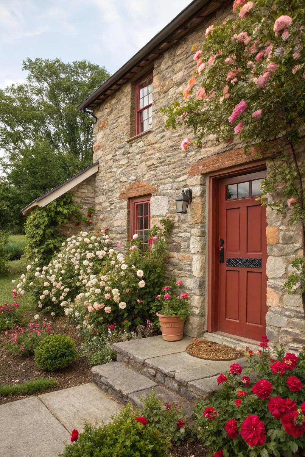 Rustic stone house with a welcoming brick red door.