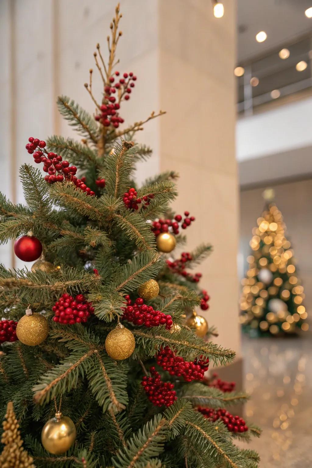 Red berries and golden branches add a natural touch to the festive decor.