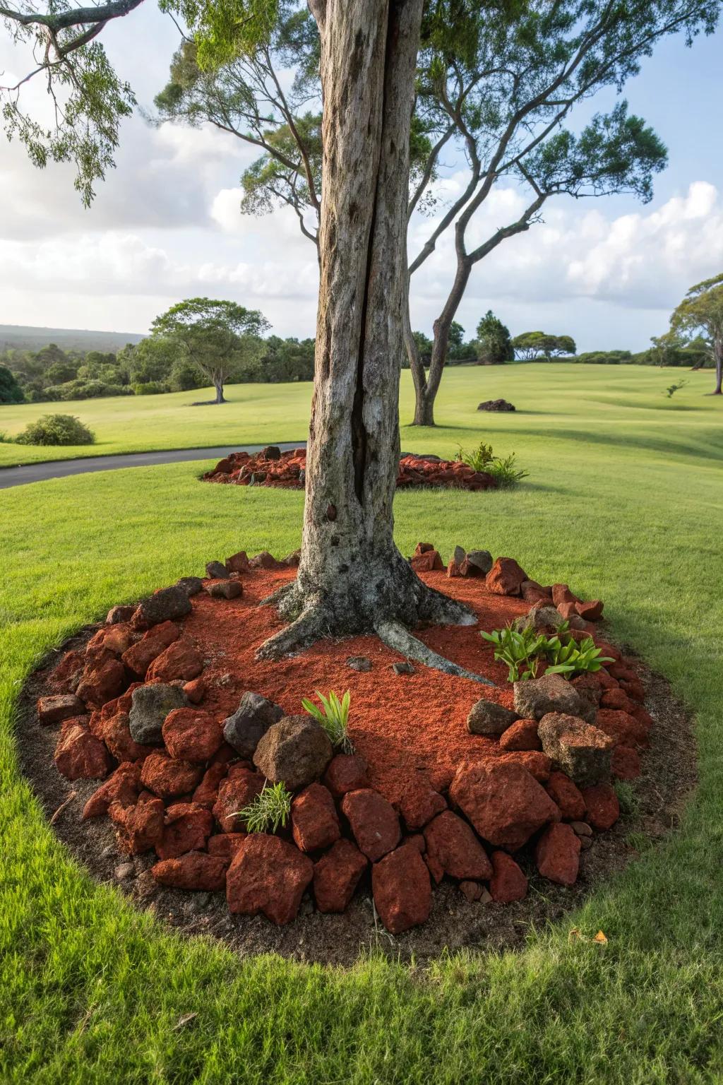 Scarlet igneous stones around a tree's base establish a tidy and visually pleasing scene.