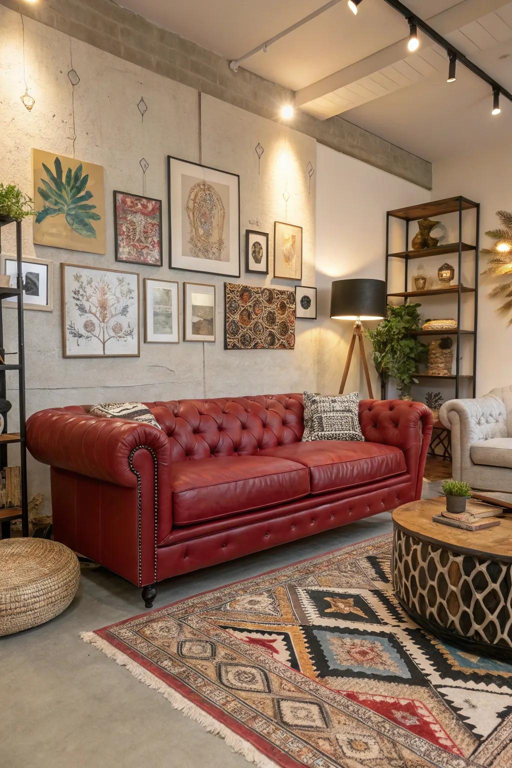 Creative decor accentuates the dynamic character of a crimson hide lounge.