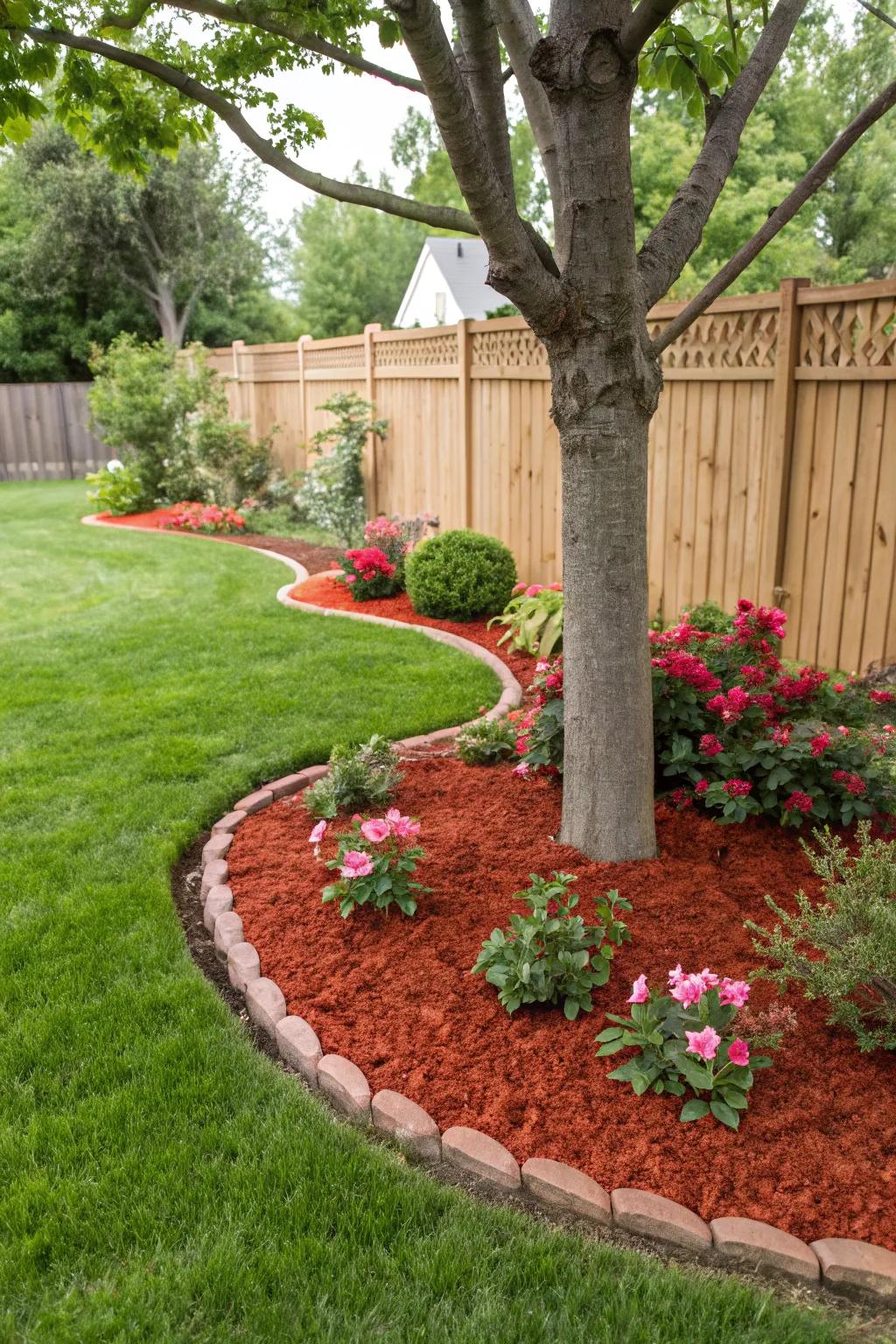 Scarlet ground cover around tree bases highlights their charm while delivering safeguarding.