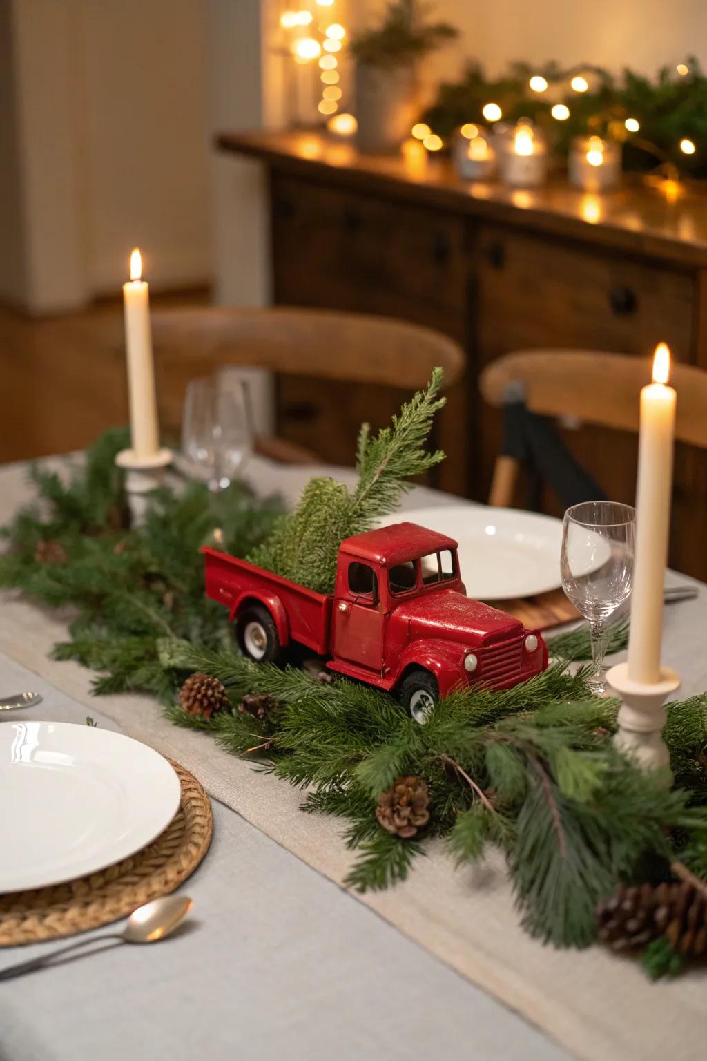 Rustic dining table featuring a red truck as the centerpiece.