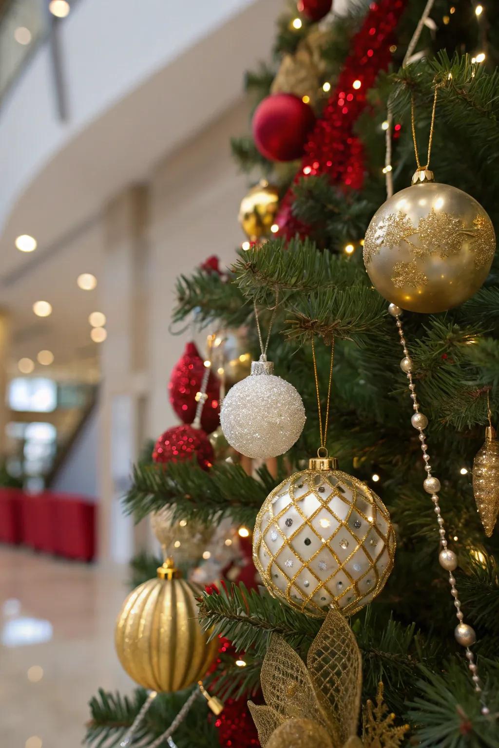 Shimmering gilded decorations fashion a deluxe Christmas tree theme.