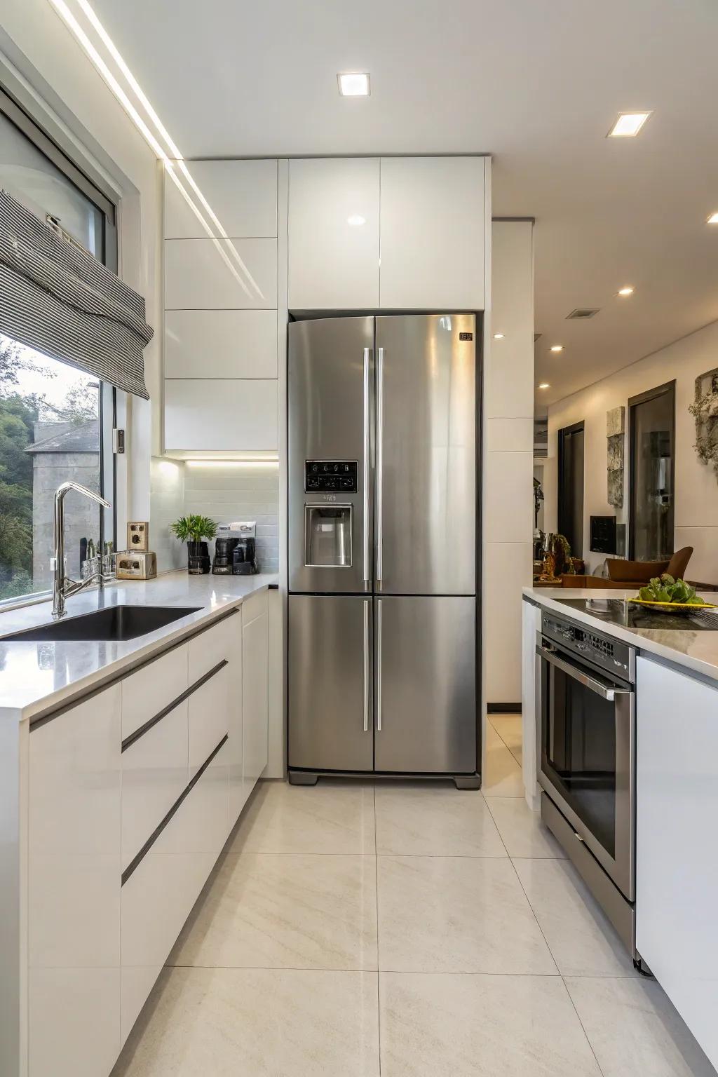 A modern kitchen showcasing a sleek polished metal icebox.