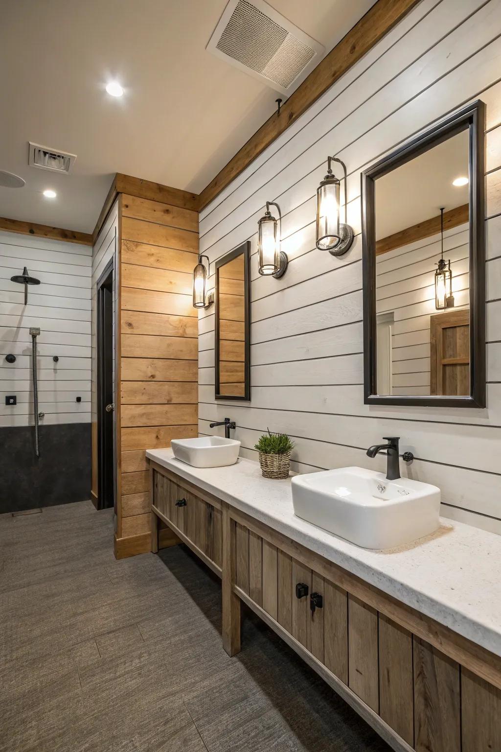 Shiplap walls lend warmth and texture to a modern restroom.