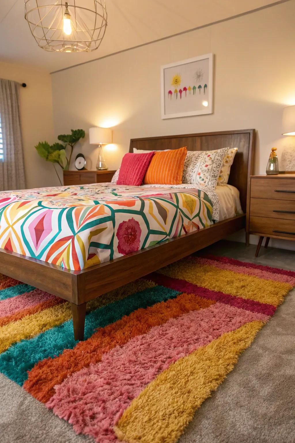 Fuzzy rugs provide comfort and a retro feel.
