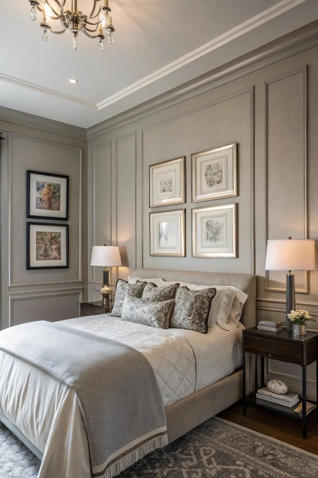 Framed prints bring a hint of sophistication to a Gentle Gray bedroom.