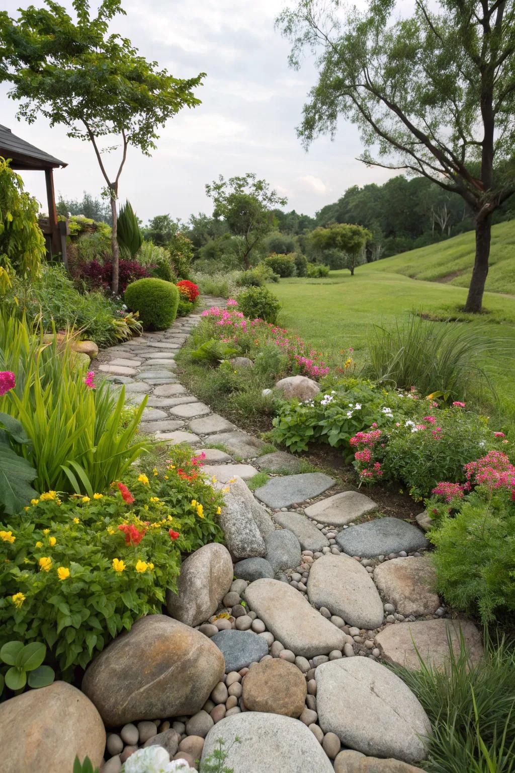 A charming garden walkway improved by stone edging, guiding visitors through a lively landscape.