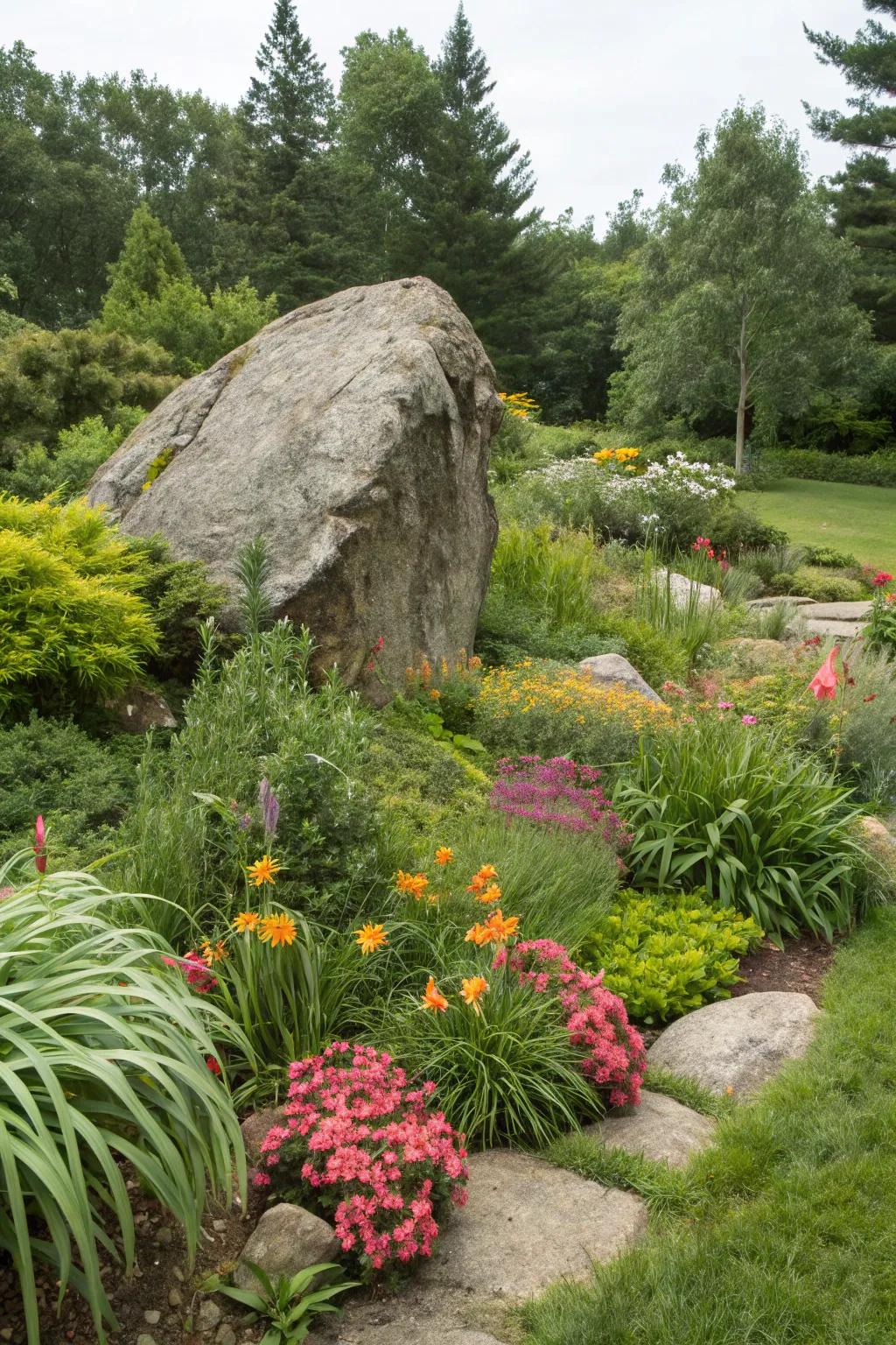 A highlight stone serves as an artistic centerpiece in the garden.