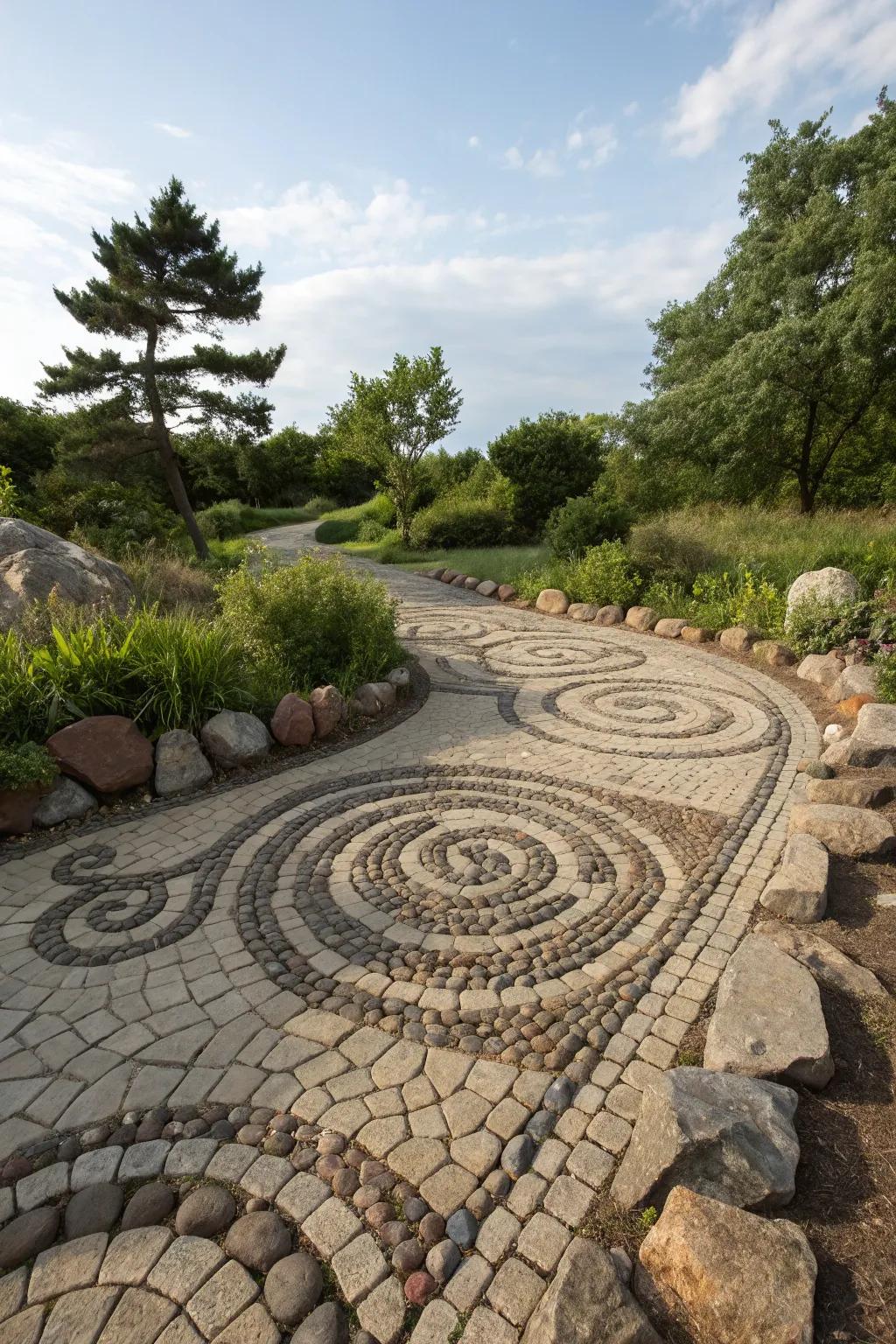 Complex stone patterns transform paths into genuine works of art.