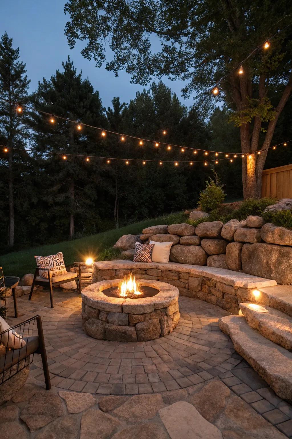 A comfortable bonfire zone with stone bulwark seating is perfect for evening soirees.