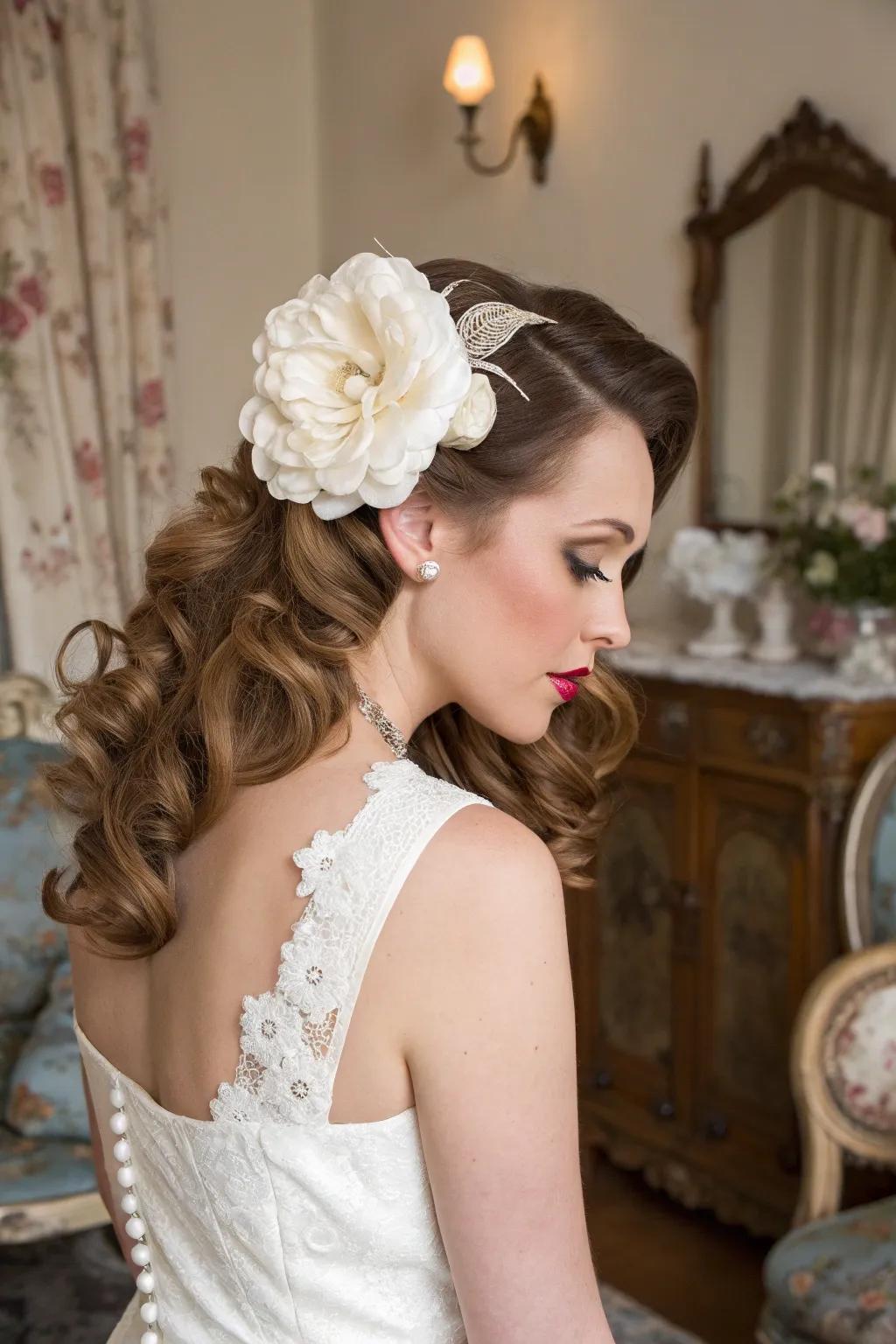 A bride stuns with a glamorous retro hairstyle for her rockabilly celebration.
