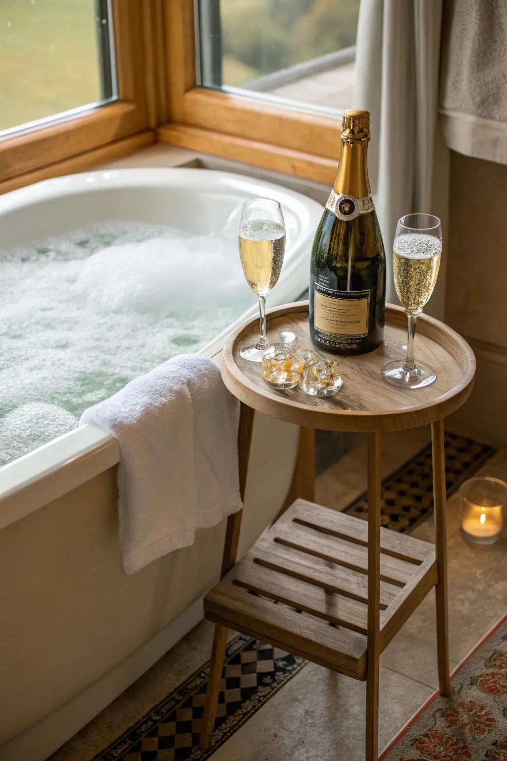 Celebrate love with champagne in your relaxing bath.