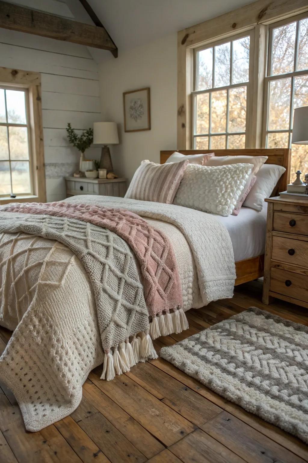 Textured bedding boosts coziness.