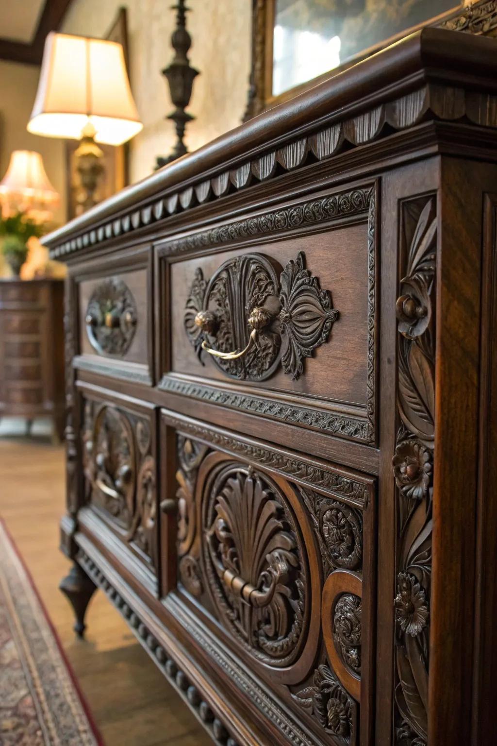 Ornate furnishings with elaborate carvings contribute Victorian grandeur to your space.