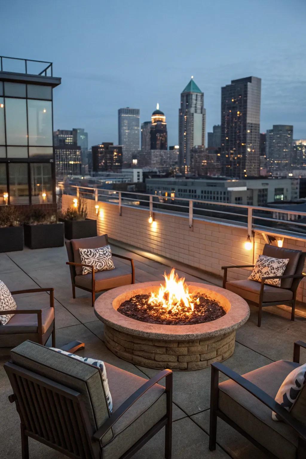 Comfortable evenings around a rooftop fire pit.