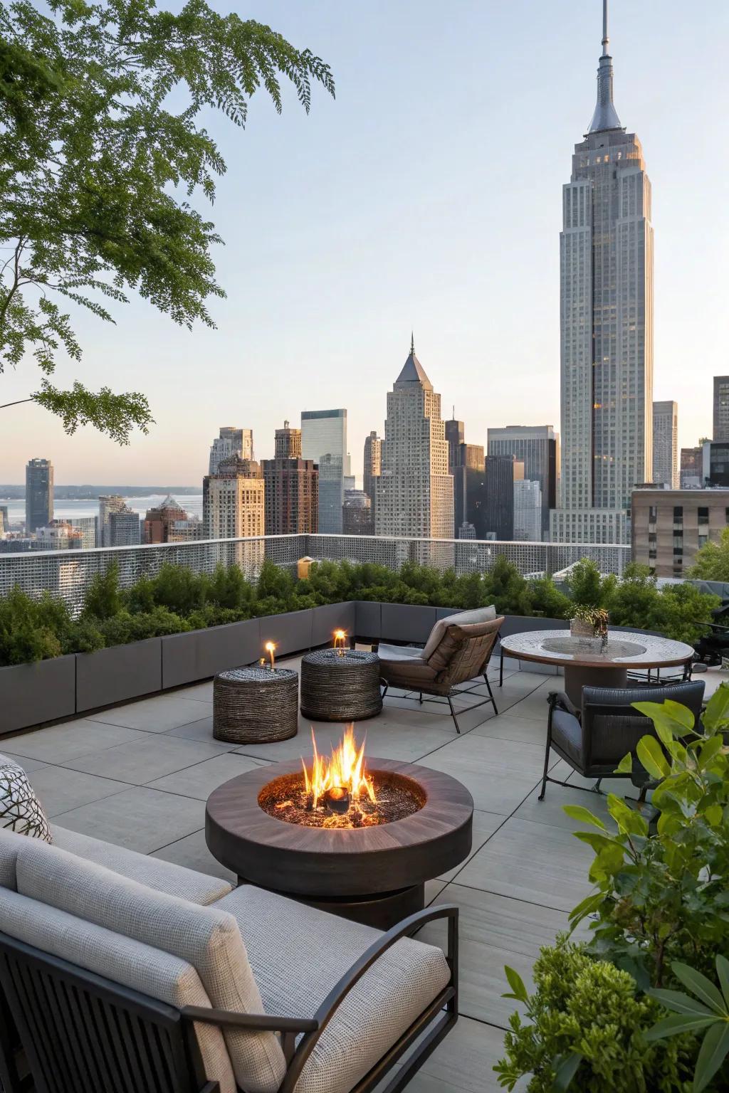 A fire pit provides heat and a captivating focal point for your rooftop.