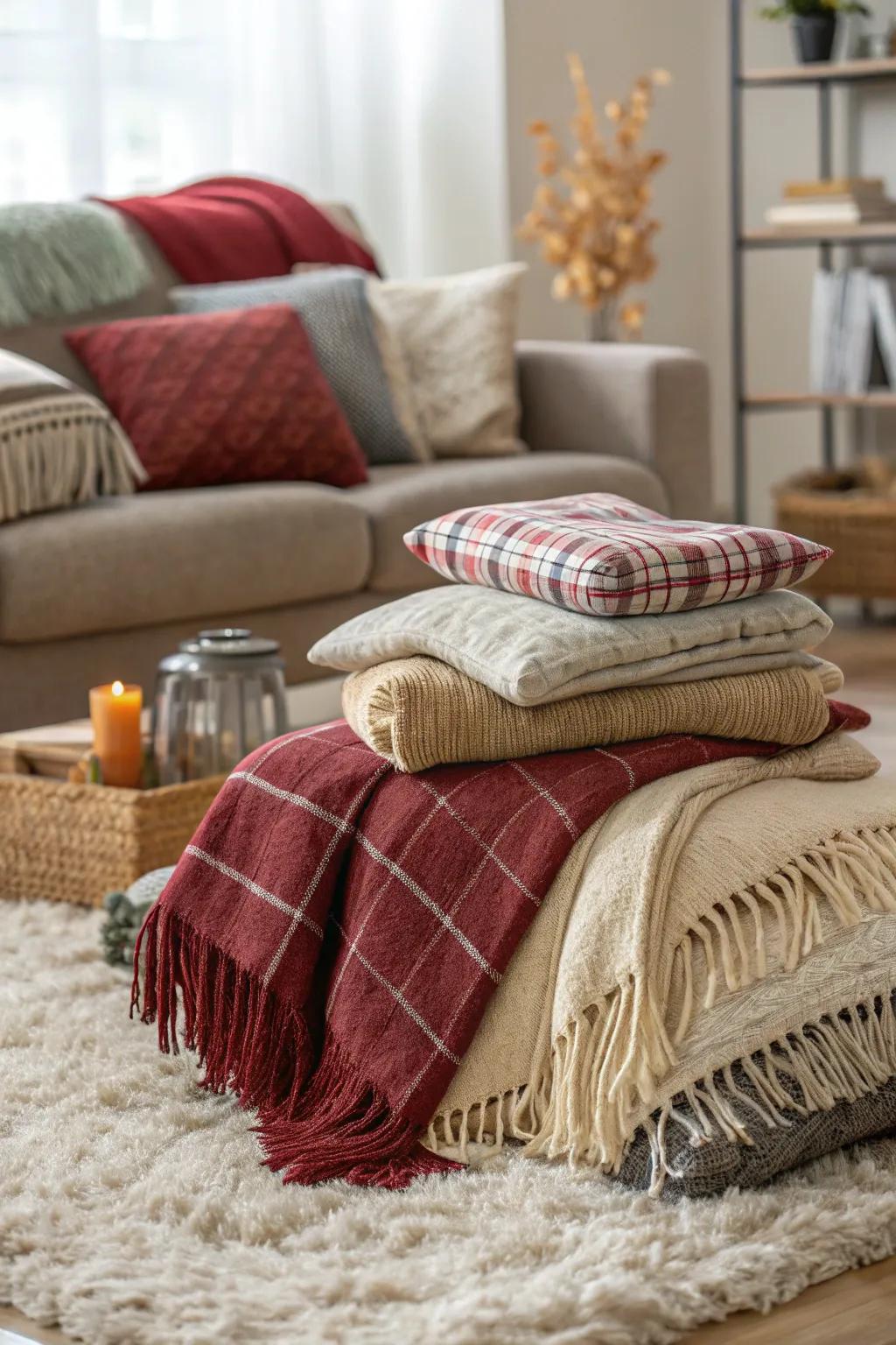 Layered materials create warmth and comfort in a living room.