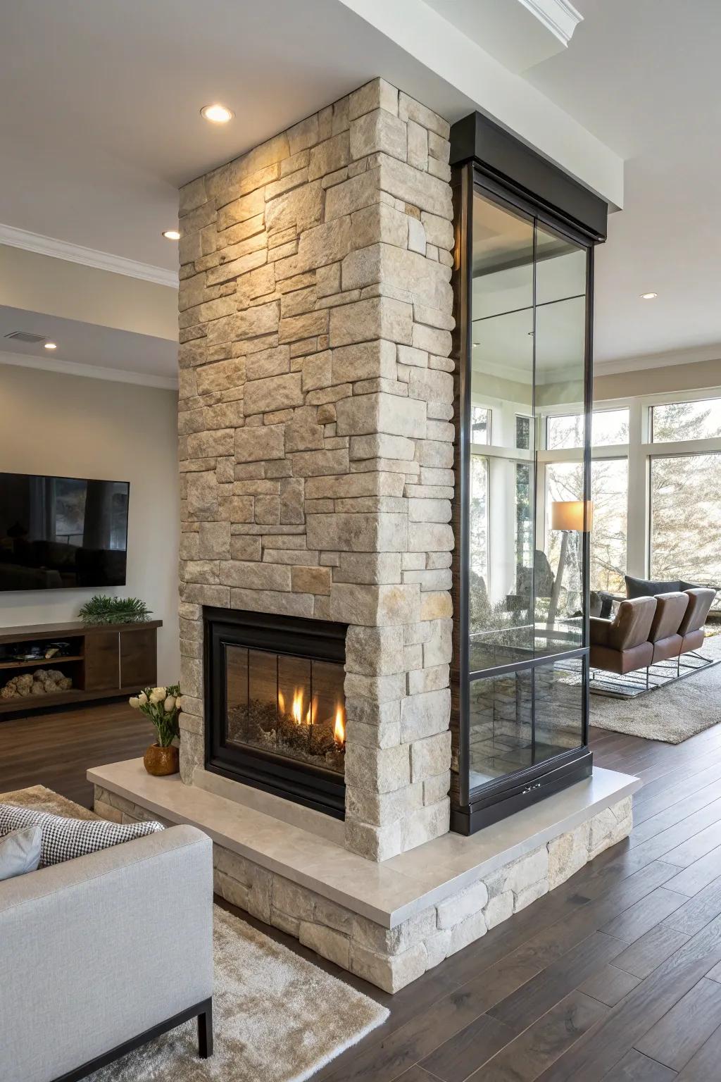 Stone and glass unite to form a stunning room divider fireplace.