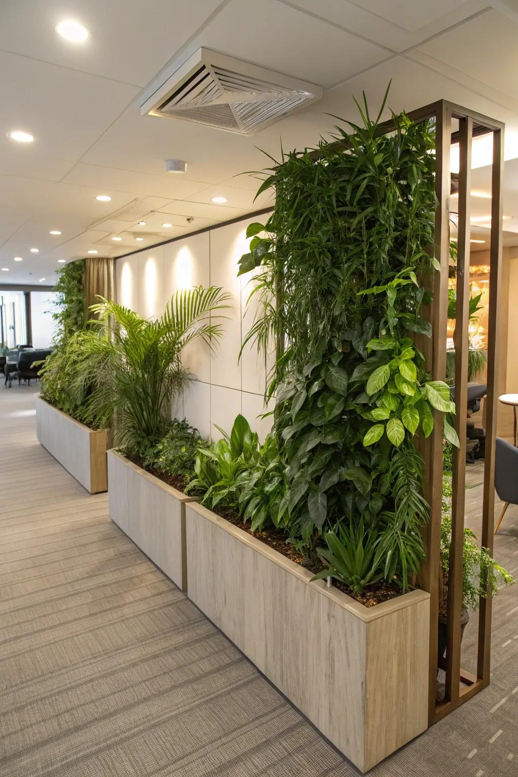 A dividing half wall integrated with planters, infusing a touch of nature indoors.